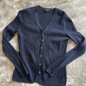 Brooks Brothers Silk and Cashmere Navy Blue Cable Knit Cardigan Sweater
